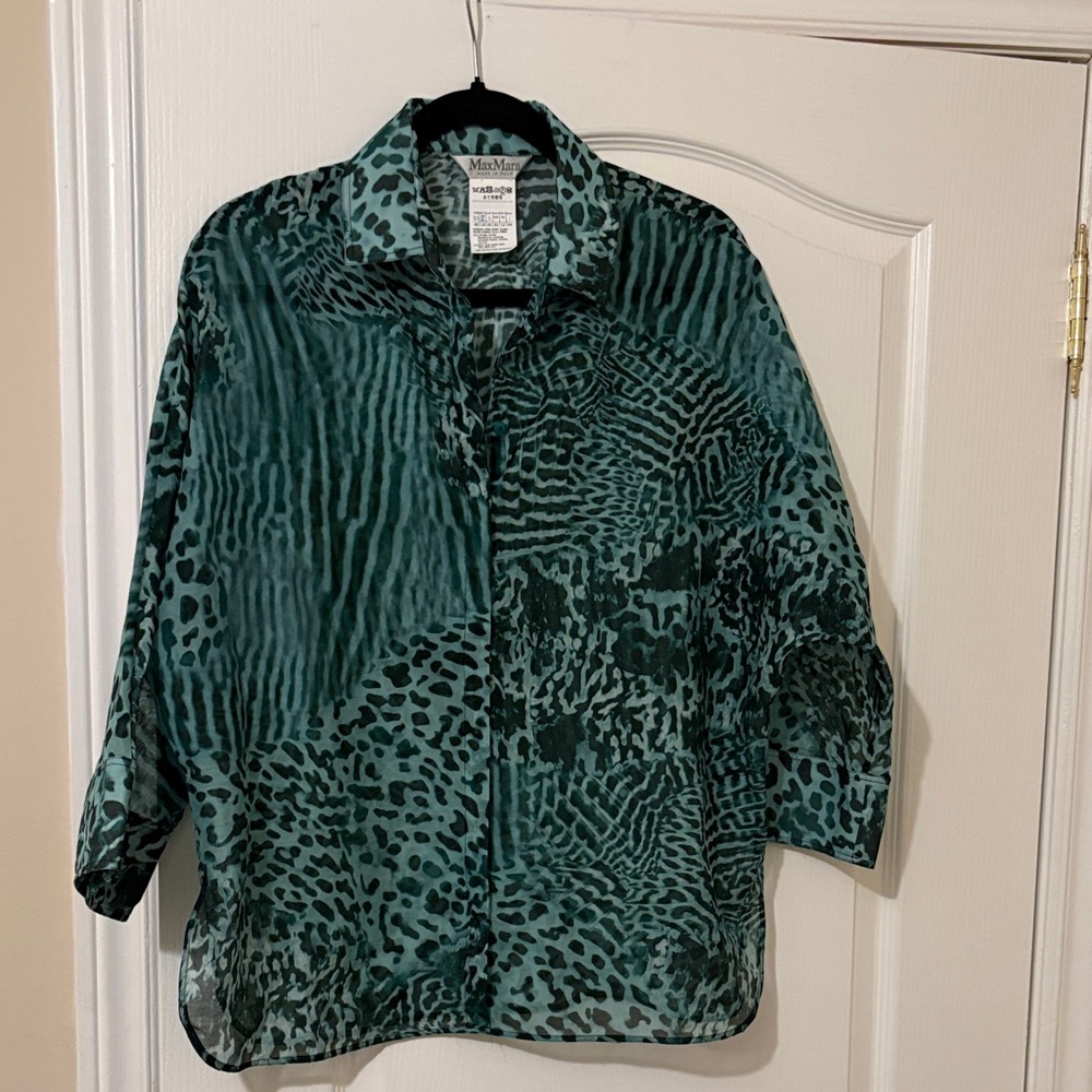 MaxMara Teal and Dark Green Printed Silk Button-Up Blouse